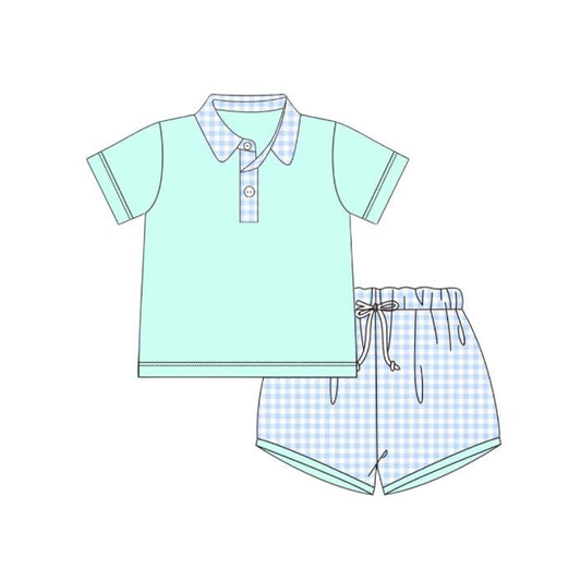 presale BSSO1011 Plaid collar blue green short-sleeved shorts suit  2024 10.22
