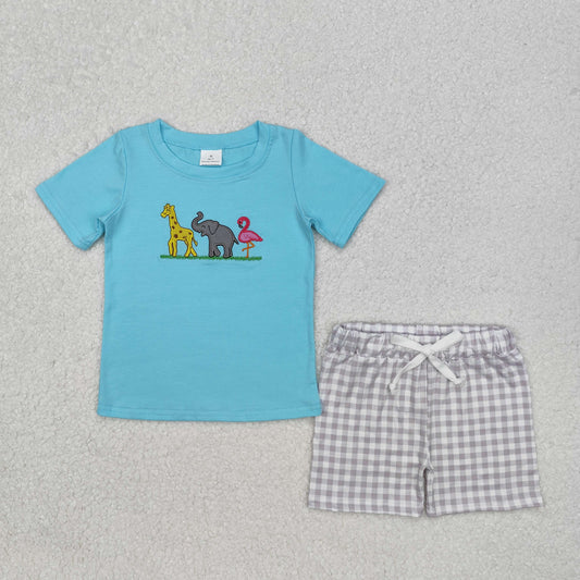 BSSO1019 Giraffe Elephant Bird Animal Blue Short Sleeve Gray Plaid Shorts Suit