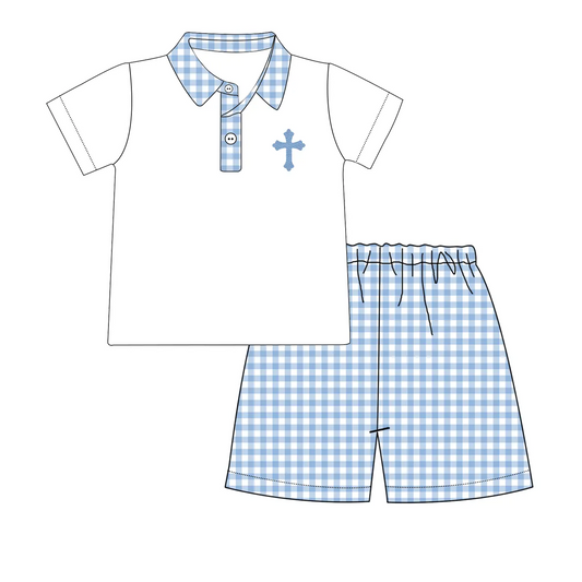 Presale BSSO1023 Cross blue plaid collar white short-sleeved shorts suit  2024 10.25