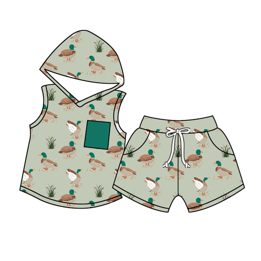 Presale BSSO1028 Pocket Duck Green Sleeveless Hooded Shorts Set 2024 10.29