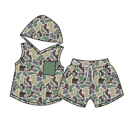Presale BSSO1031 Green camouflage sleeveless hooded shorts with pockets 2024 10.29