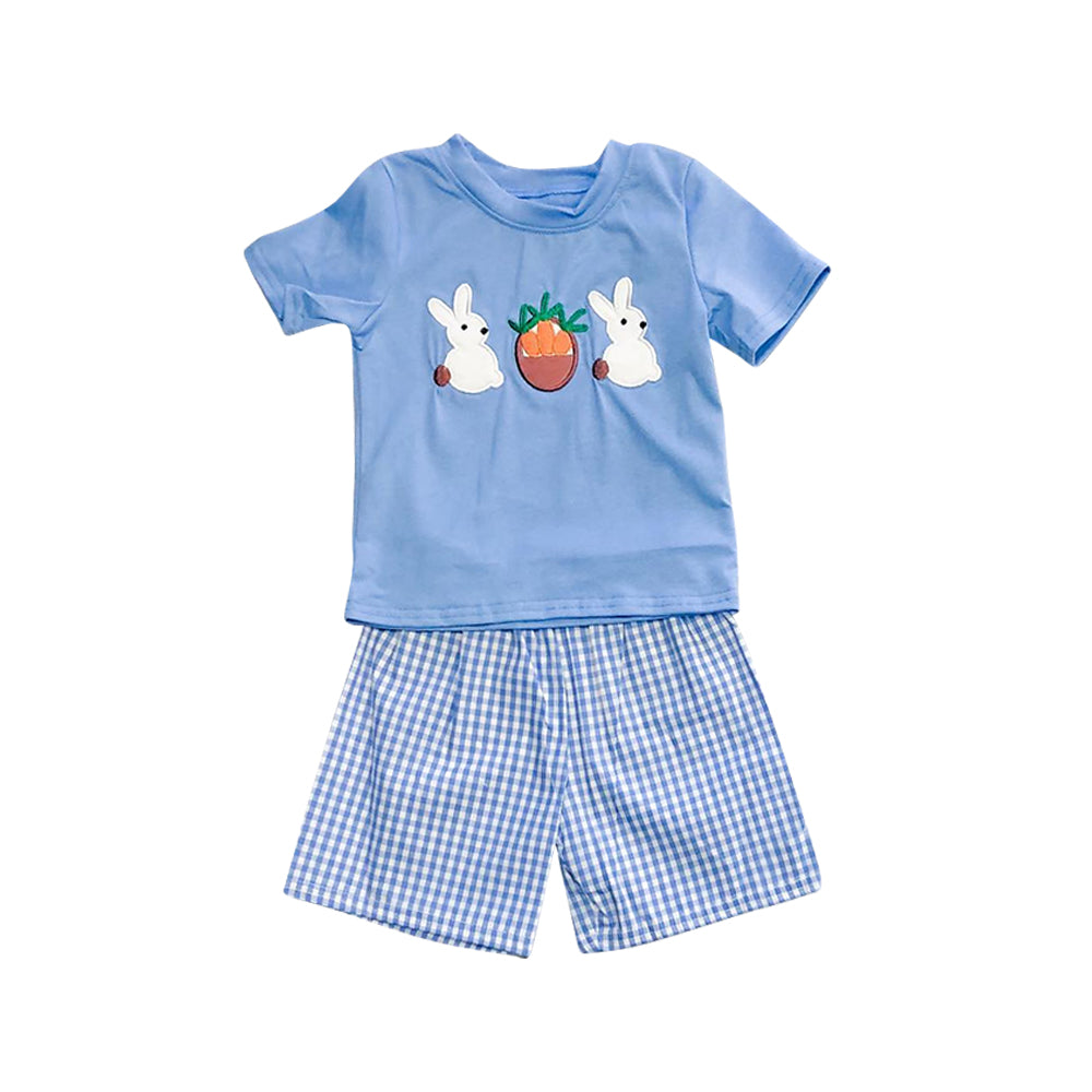 Presale BSSO1032  Easter Bunny Carrot Basket Blue Short Sleeve Plaid Shorts Set 2024 10.30