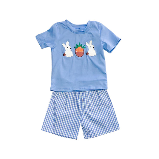 Presale BSSO1032  Easter Bunny Carrot Basket Blue Short Sleeve Plaid Shorts Set 2024 10.30