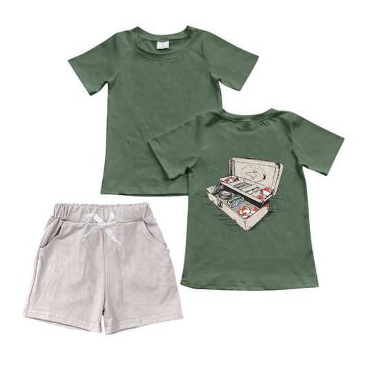 Presale BSSO1034 Fishing Tool Box Float Green Short Sleeve Light Grey Shorts Suit 2024 10.30