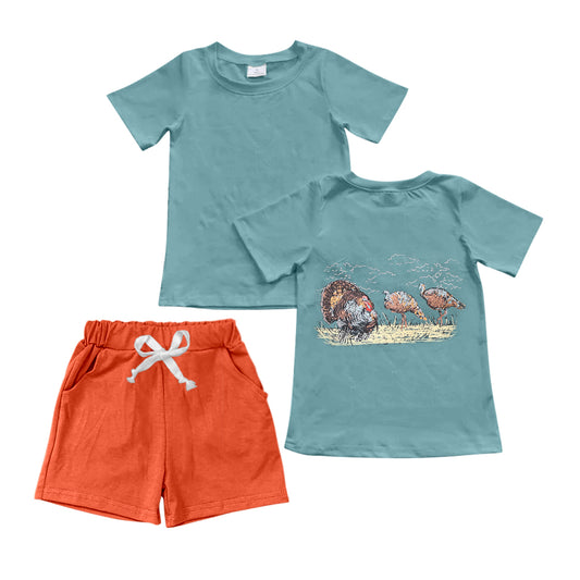 Presale BSSO1036  Turkey Blue Short Sleeve Orange Shorts Set 2024 10.30
