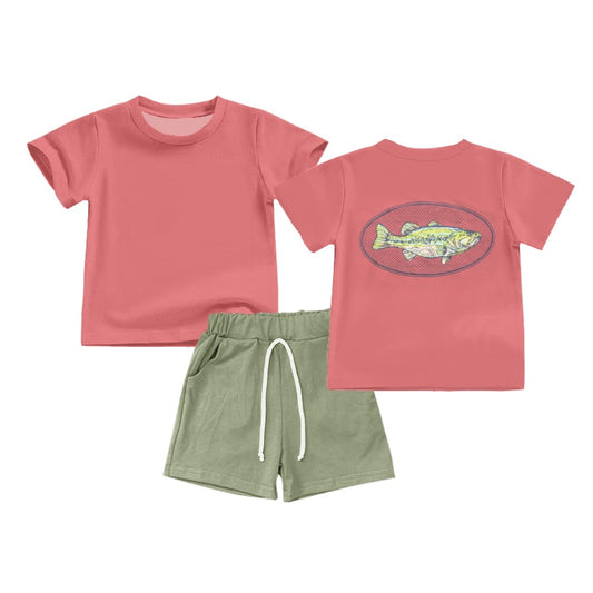 Presale BSSO1039 Fishing Net Brick Red Short Sleeve Light Green Shorts Set 2024 10.30