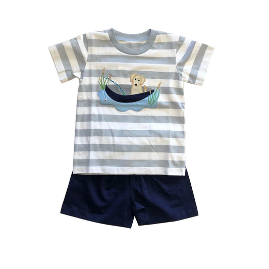 Presale BSSO1043 Fishing Puppy Boat Striped Short Sleeve Navy Blue Shorts Set 2024 10.31
