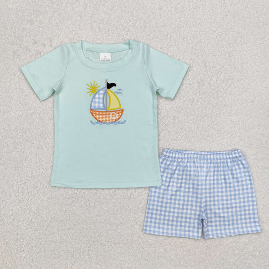 BSSO1048 Solar Sail Teal Short Sleeve Blue Plaid Shorts Set