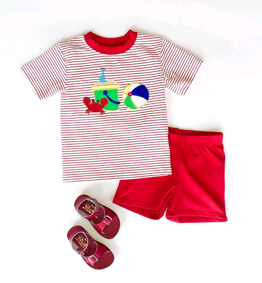 custom Crab Beach Ball Striped Short Sleeve Red Shorts Set D 5.20