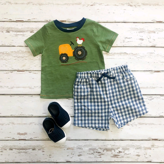presale BSSO1051 Tractor Chicken Green Short Sleeve Plaid Shorts Suit  2024 11.2