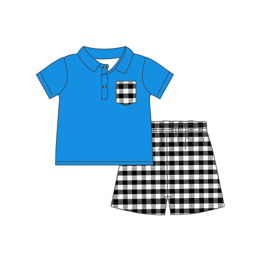 presale BSSO1056 Black and white plaid pocket blue short-sleeved shorts suit  2024 11.5