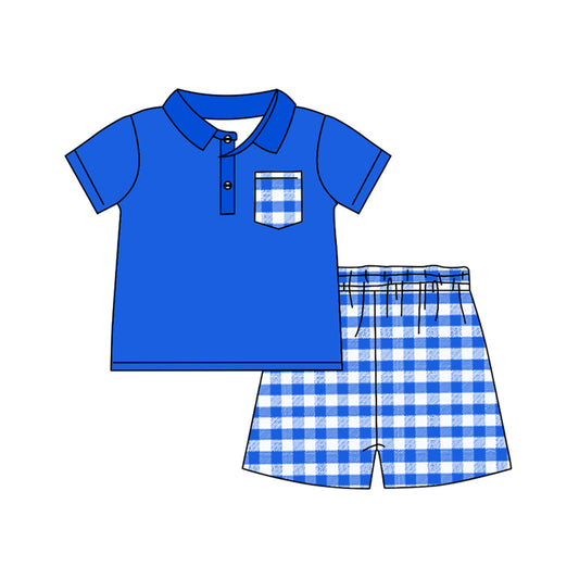 presale BSSO1057 Blue and White Plaid Pocket Short Sleeve Shorts Set 2024 11.5
