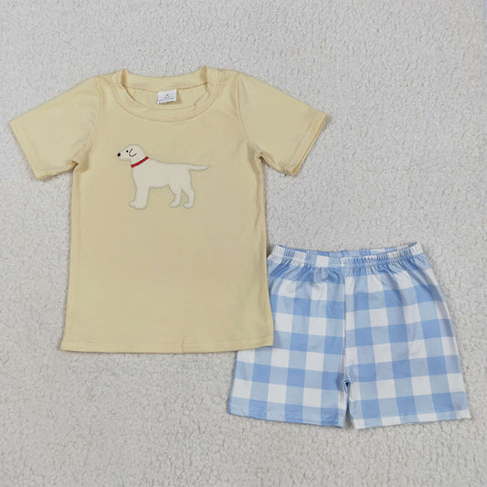 BSSO1058 Embroidery Baby Boys Yellow Dog Top Checkered Shorts Clothes Sets  D 5.15