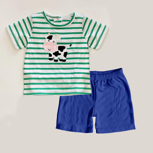 presale BSSO1060 Cow Green Striped Short Sleeve Blue Shorts Set 2024 11.5