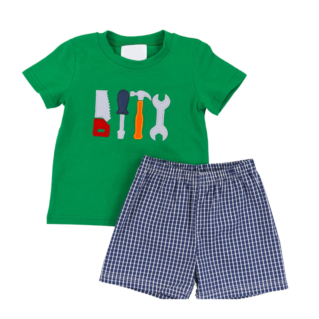 BSSO1066 Embroidery Tool Green Short Sleeve Blue Plaid Shorts Set  D 5.22