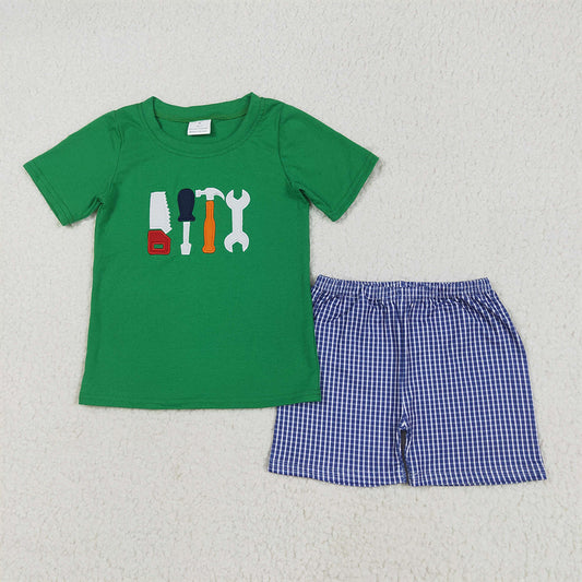 BSSO1066 Embroidery Tool Green Short Sleeve Blue Plaid Shorts Set  D 5.22