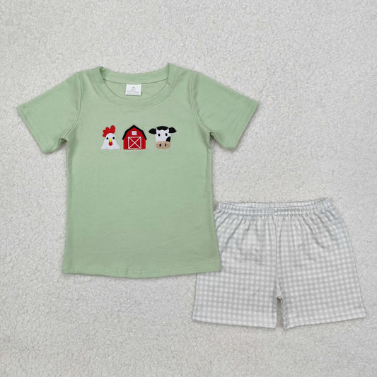 BSSO1067 Chicken Farm Red House Cow Green Short Sleeve Plaid Shorts Set