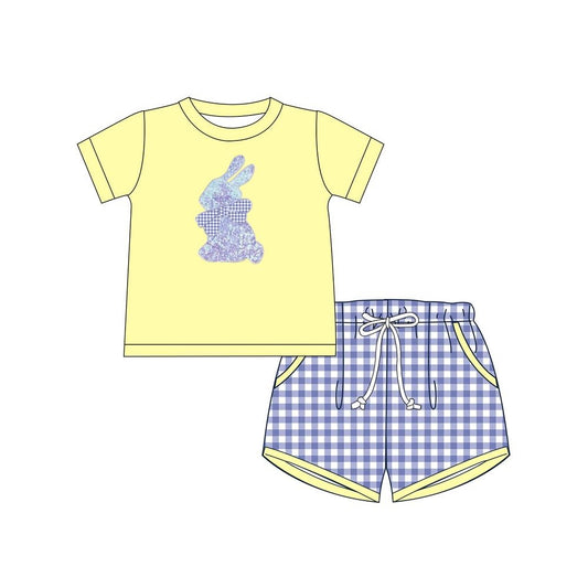 presale BSSO1069 Easter Bunny Yellow Short Sleeve Blue Plaid Shorts Suit  2024 11.6