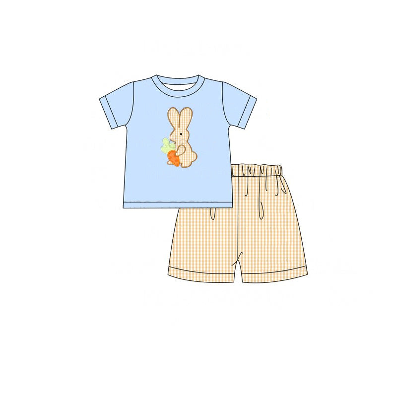 presale BSSO1071 Easter Carrot Bunny Blue Short Sleeve Orange Plaid Shorts Set   2024 11.6