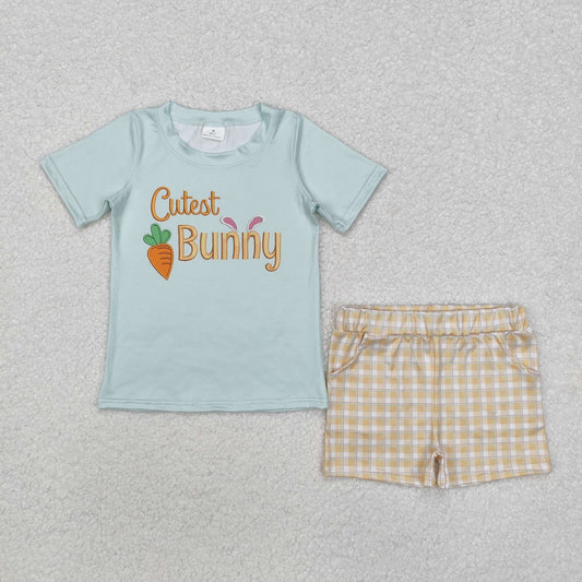BSSO1073  Carrot Green Short Sleeve Orange Plaid Shorts Set