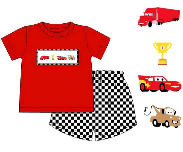BSSO1079   Cartoon Car Engineering Vehicle Trophy Red Short Sleeve Black and White Checkered Shorts Suit