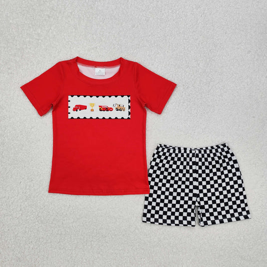 BSSO1079 Cartoon Car Engineering Vehicle Trophy Red Short Sleeve Black and White Checkered Shorts Suit