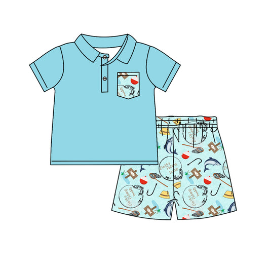 presale BSSO1094 Fishing Pocket Blue Short Sleeve Shorts Set  2024 .11.9