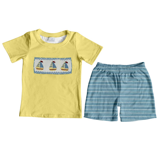 presale BSSO1095  Yellow sailboat short-sleeved striped shorts set  2024 .11.11