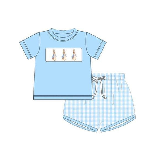Presale BSSO1099 Easter Bunny Blue Short Sleeve Plaid Shorts Set  2024 11.13