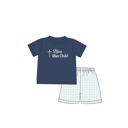 Presale BSSO1100 Navy blue short-sleeved plaid shorts suit 2024 11.13
