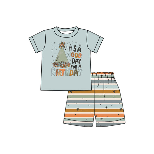 Presale BSSO1101  Lettering teal short-sleeved striped shorts suit 2024 11.13