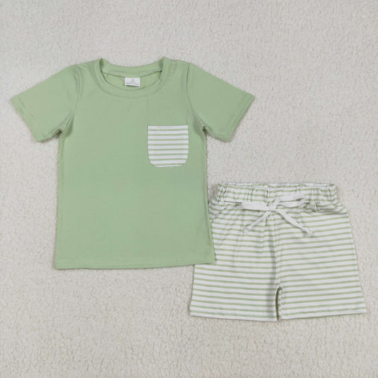 BSSO1103 Green Striped Pocket Short Sleeve Shorts Set
