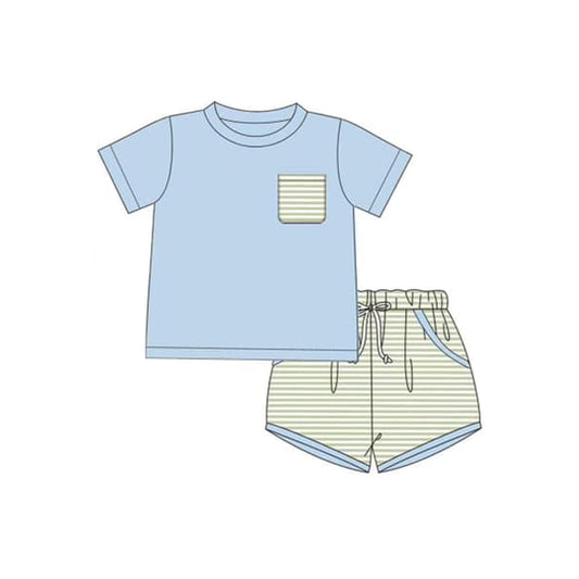 Presale BSSO1104 Green striped pocket blue short sleeve shorts set  2024 11.14