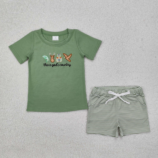BSSO1108  Fish Deer Vest Duck Green Short Sleeve Striped Shorts Set