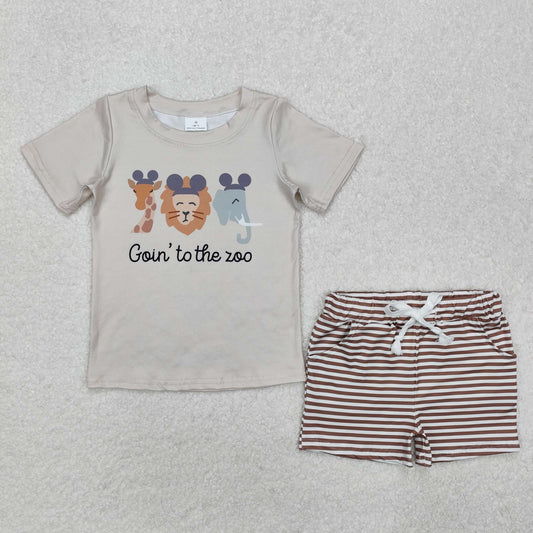 BSSO1109 Giraffe Lion Elephant Animal Short Sleeve Striped Shorts Suit