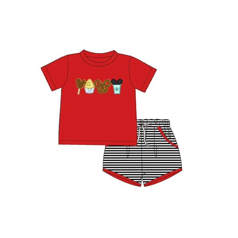 BSSO1110  Ice Cream Red Short Sleeve Striped Shorts Set