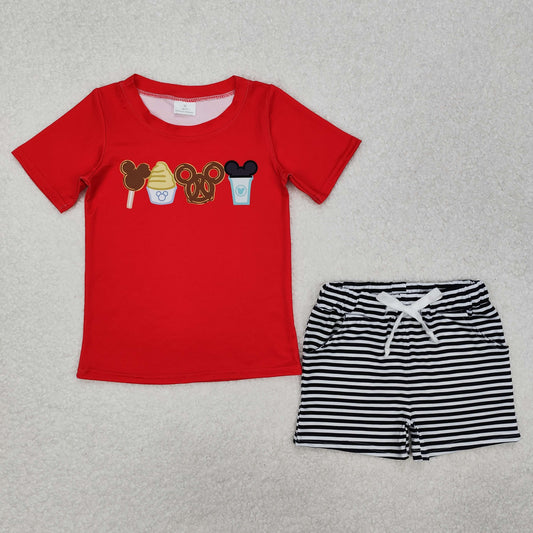 BSSO1110  Ice Cream Red Short Sleeve Striped Shorts Set