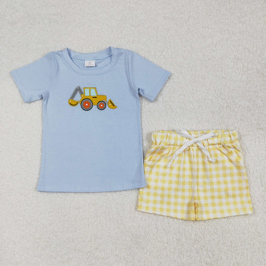 BSSO1117 Engineering Vehicle Excavator Blue Short Sleeve Yellow Plaid Shorts Suit D 6.16
