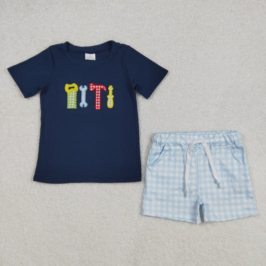 BSSO1118  Wrench Hammer Tools Blue Short Sleeve Plaid Shorts Suit D 3.1