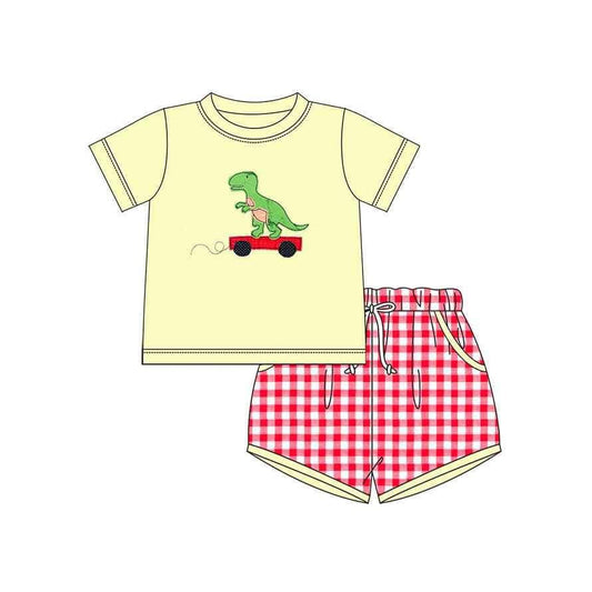 Presale BSSO1120 Dinosaur Yellow Short Sleeve Red Plaid Shorts Set  2024 11.16