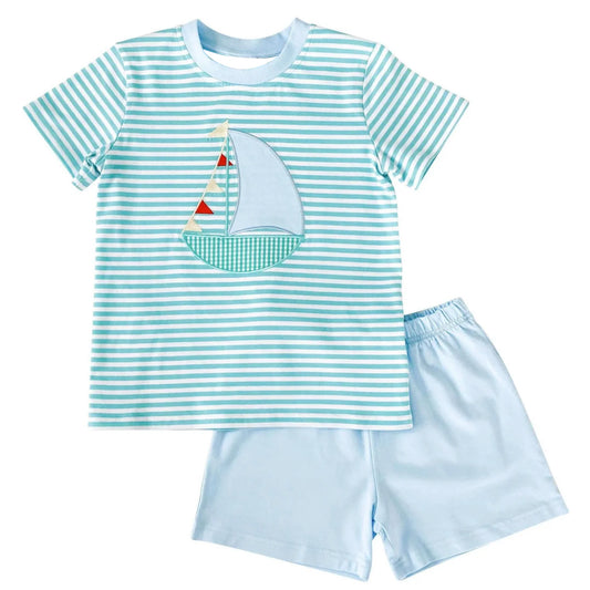 Presale BSSO1121 Sailboat Stripe Short Sleeve Blue Shorts Set   2024 11.16
