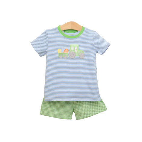presale BSSO1122 Easter Egg Tractor Stripe Short Sleeve Green Plaid Shorts Set  2024 11.18
