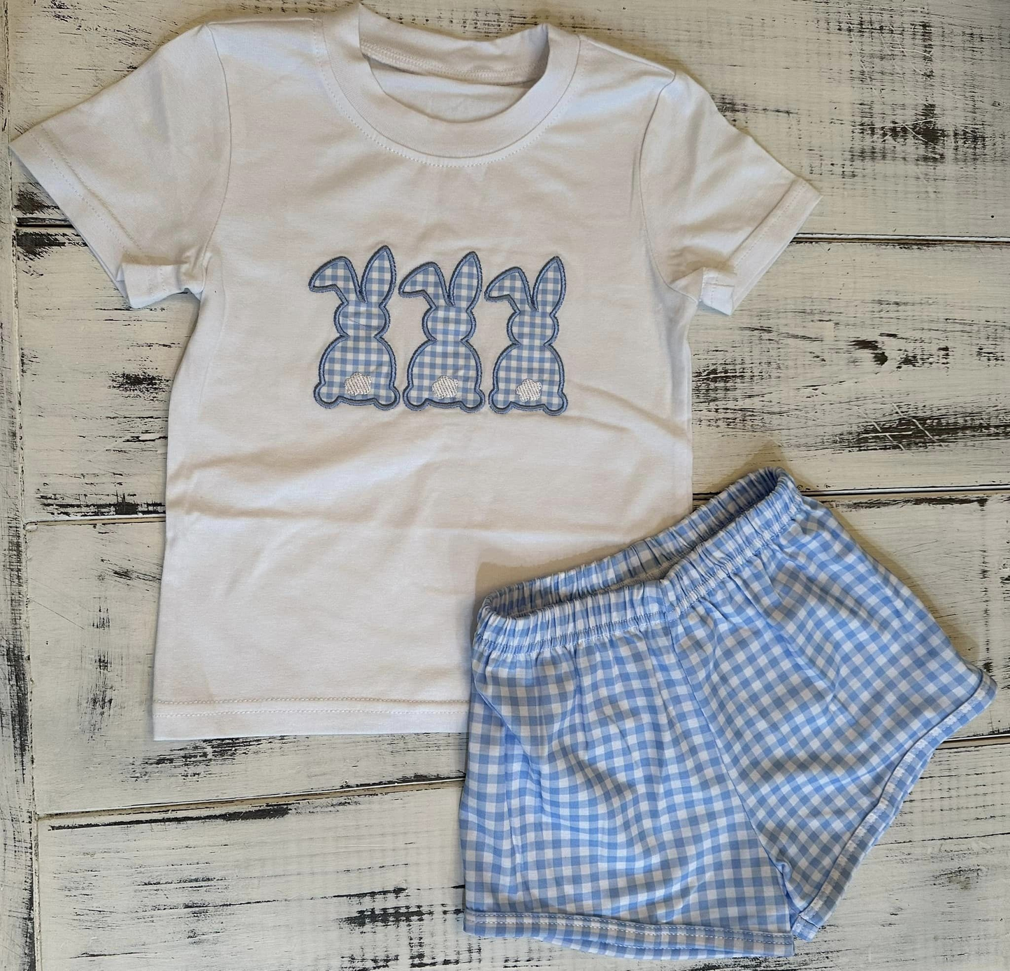 presale BSSO1123 Easter Bunny White Short Sleeve Blue Plaid Shorts Set   2024 11.18