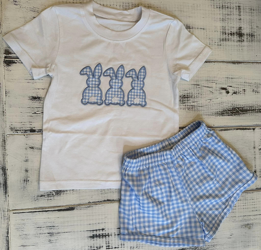 presale BSSO1123 Easter Bunny White Short Sleeve Blue Plaid Shorts Set   2024 11.18