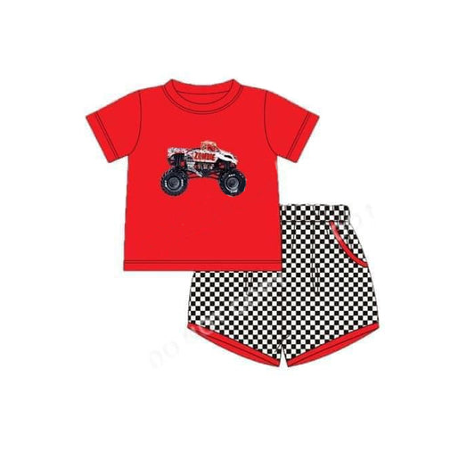 presale BSSO1124 Off-road vehicle red short-sleeved black and white plaid shorts suit 2024 11.20