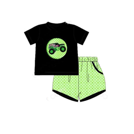 presale BSSO1126 Off-road Vehicle Black Short Sleeve Green Plaid Shorts Suit 2024 11.20