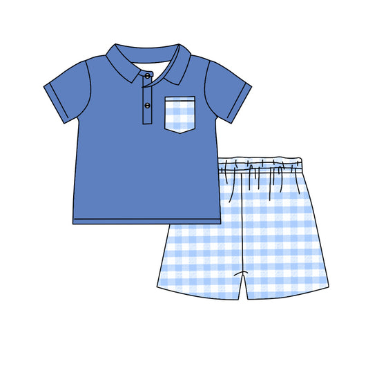 presale BSSO1127 Blue Plaid Pocket Short Sleeve Shorts Set 2024 11.20