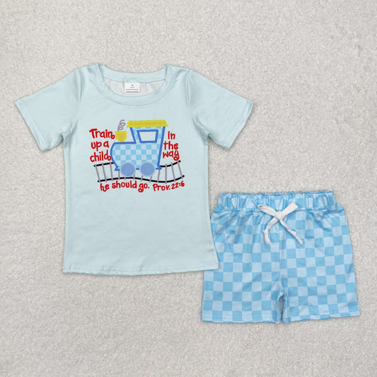 BSSO1128  Letter Train Blue Short Sleeve Plaid Shorts Set
