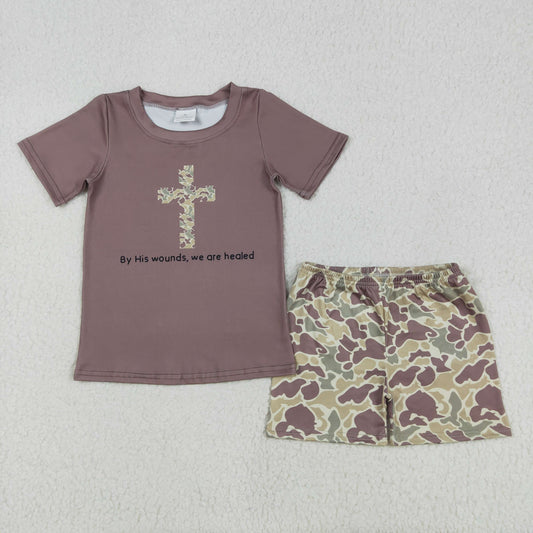 BSSO1134 Baby Boys Brown Easter Cross Shirt Camo Shorts Clothes Sets