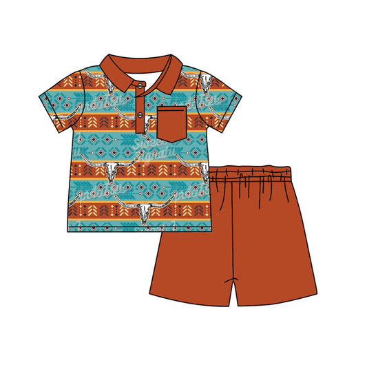 presale BSSO1138  Alpine Bull Head Geometric Pattern Yellow Brown Pocket Short Sleeve Shorts Set  2024 11.22